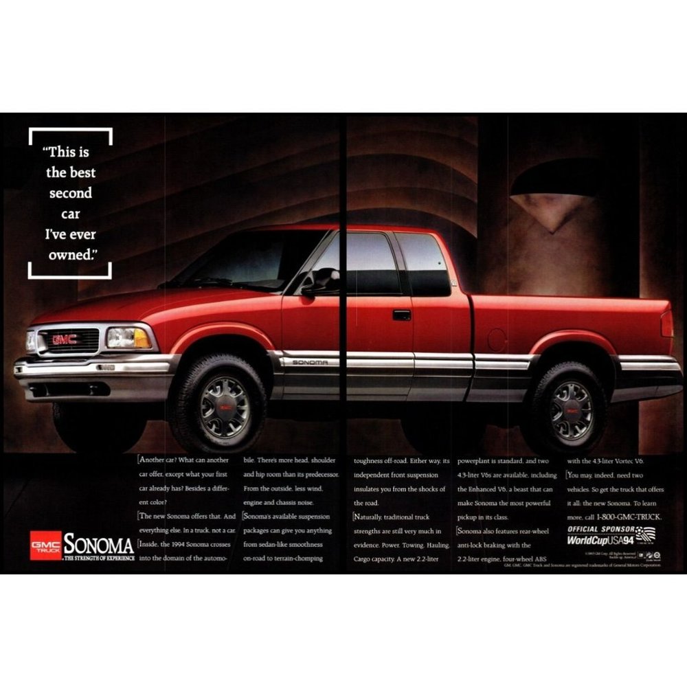 1994 GMC Sonoma Pickup Truck 2 Page Vintage Print Ad Man Cave Wall Art